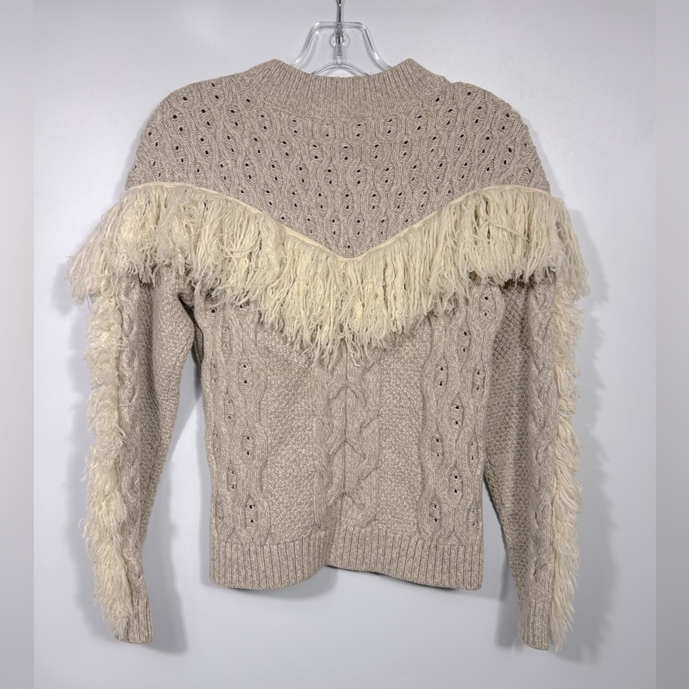 AMUR Ulla Fringe Sweater Size M&L Beige Long Sleeve Cable Knit Merino Wool - Picture 5 of 9